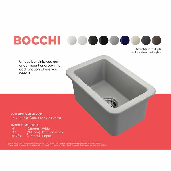 Bocchi 18 in W x 12 in L x 8 in H, Fireclay, Fireclay Kitchen Sink 1358-006-0120